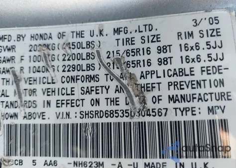 2005 Honda Cr-V Lx from USA, damaged, VIN SHSRD68535U304567